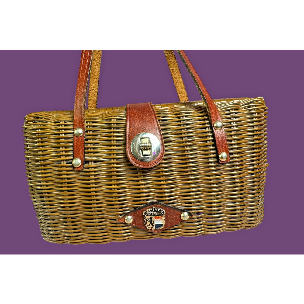 Vintage WAP PEN Wicker Basket Purse Leather Straps Dutch Crest Handbag 1960s - Picture 2 of 10